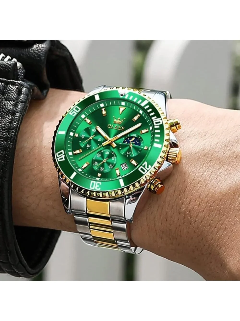 Men's Green Premium Silver and Gold Stainless Analog Rotatable Date Steel Watch